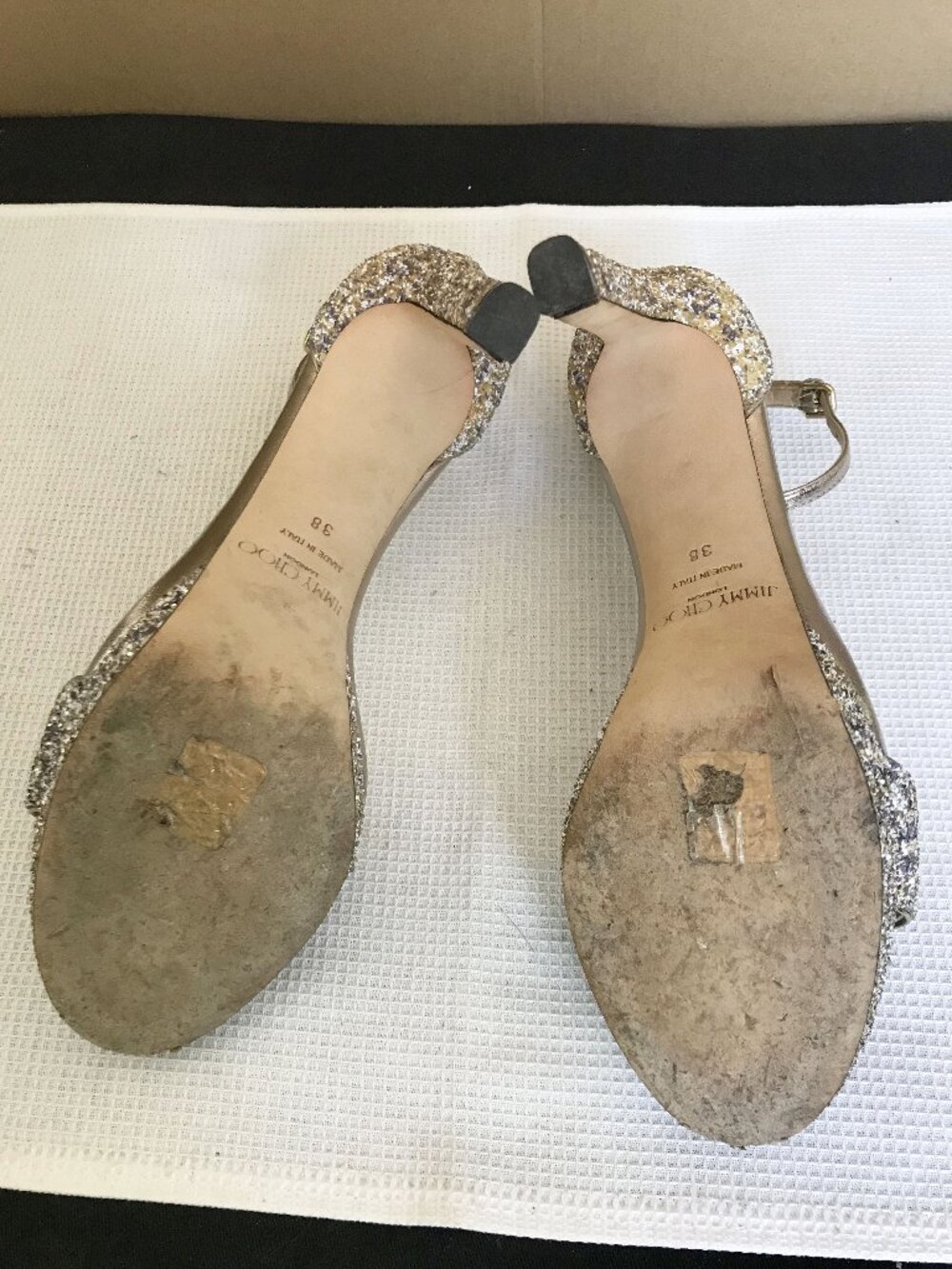 JIMMY CHOO Misty Metallic Glitter Sandal in Champagne, size 38 (US 8), Imperfect - Picture 9 of 16